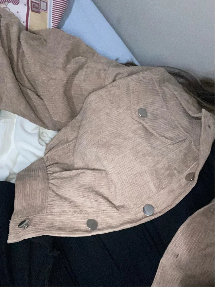 New Autumn Winter Jackets for Women Lantern Sleeve Tops Cropped Bomber Jacket Overcoat Outwear clothes Corduroy Coat 18047