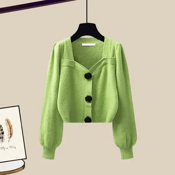 Autumn Winter Knitting Dresses Set Women High Street Slim Long Dress + Cardigan Female Outfits Elegant Sweater Two Piece Suit