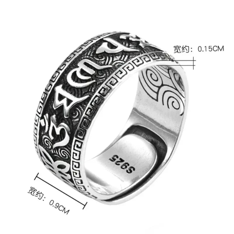 925 Silver Ring Male Finger Accessories Personality Retro Buddhist Scripture Mantra Om Mani Padme Hum Ring For Men Adjustable