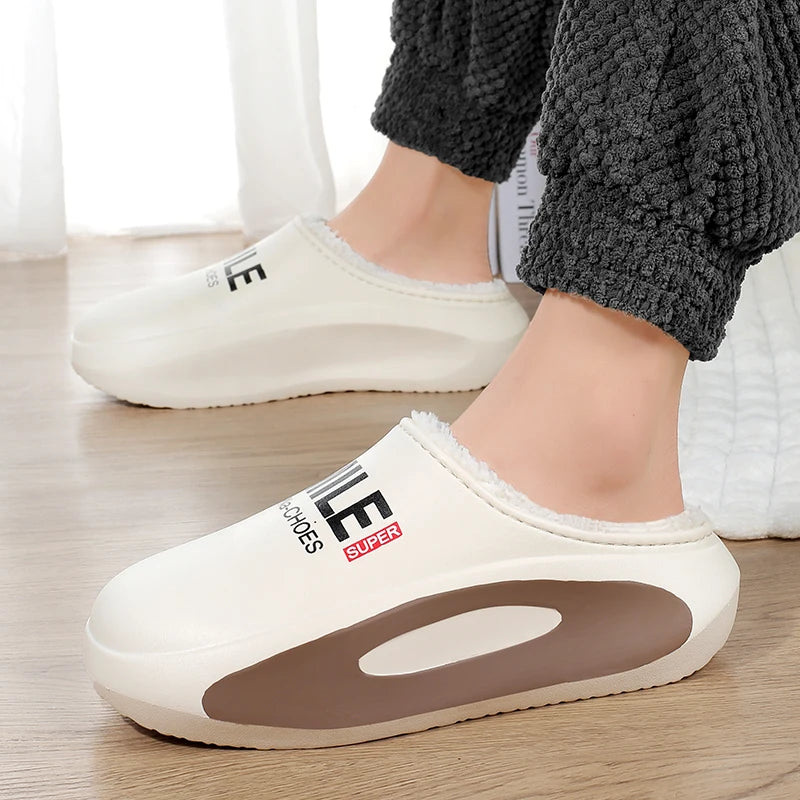 Winter Men Warm Slippers Cotton Slippers Outdoor Indoor Warm Shoes Waterproof Men Couple Comfortable Home Bedroom Plush Slippers