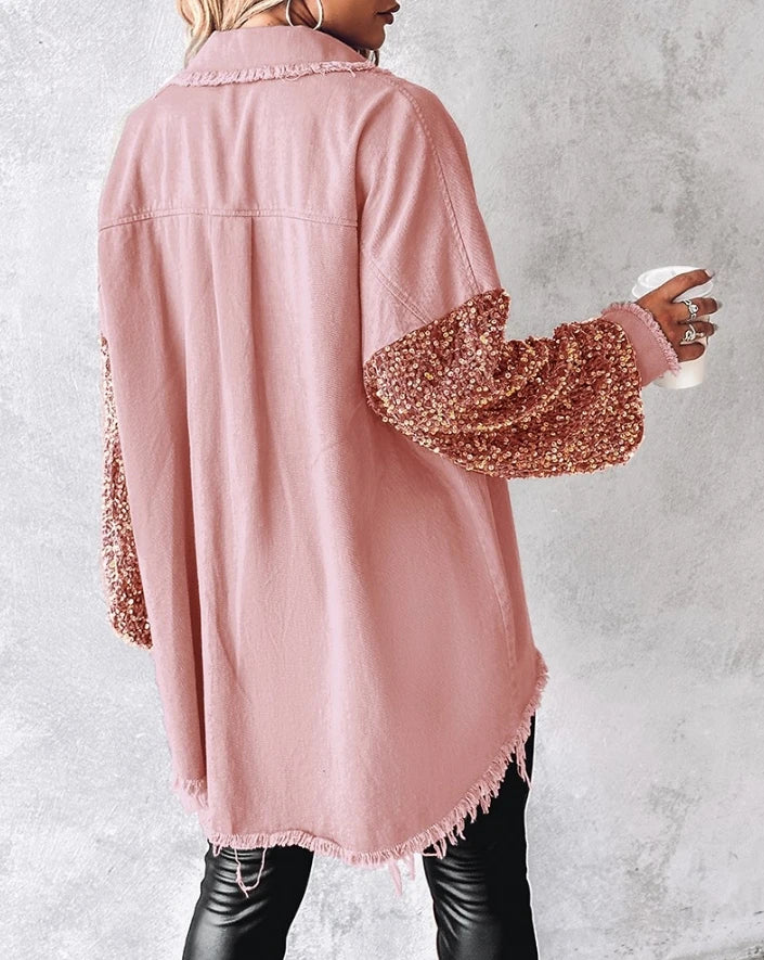 Women Jacket 2024 Spring Fashion Contrast Sequin Raw Hem Pocket Casual Turn-Down Collar Long Sleeve Daily Long Shacket