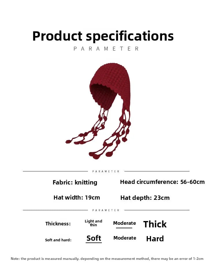 Winter Travel Red Hollow Knit Beanie with Tassel Tie Fashion Hat for Women Cold Weather Accessory