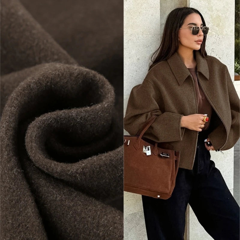 Women's Brown Wool Zipper Jacket for Autumn and Winter-Longsleeved Lapel Short Coat-Fashionable Casual Street Commuter Outerwear