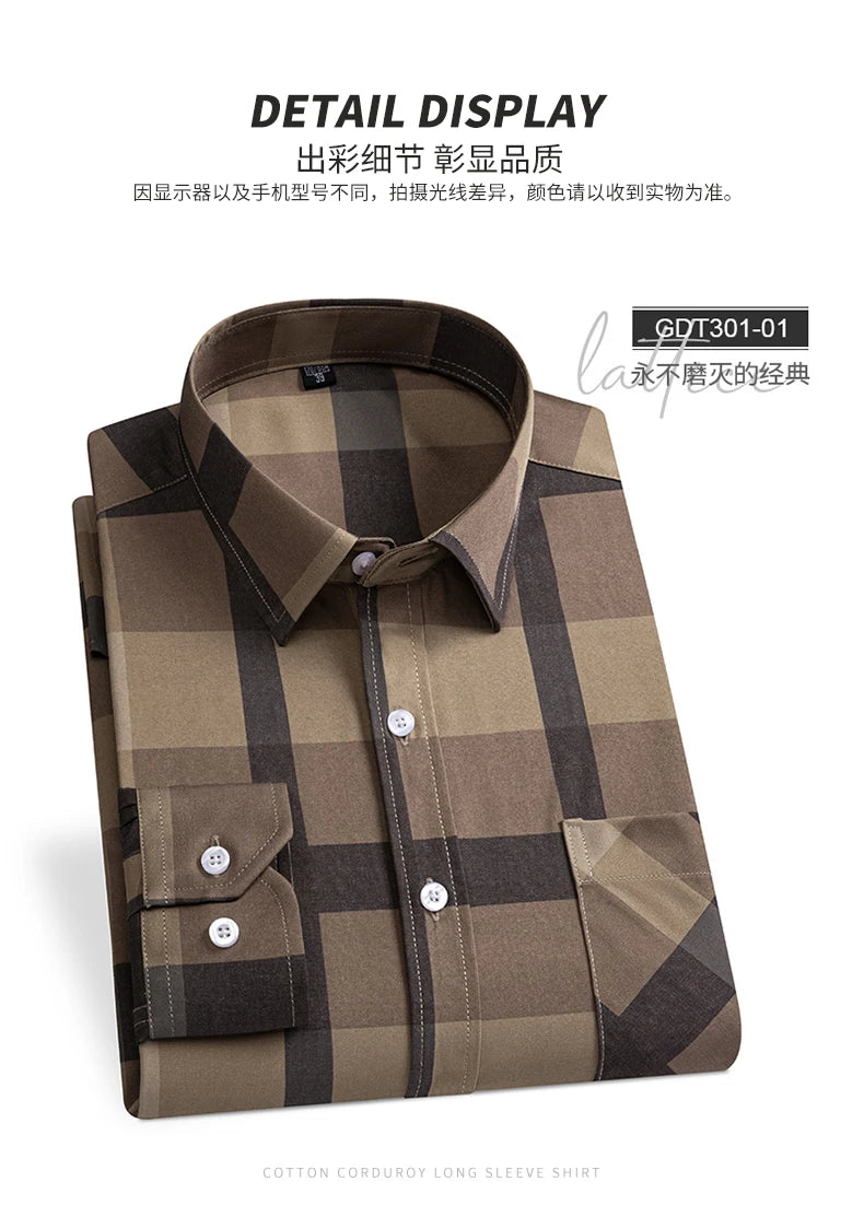 Men's Fashion Shirts Casual Slim Plaid Striped Men Clothing Business Social New Button Young And Middle-Aged Formal Long-Sleeved