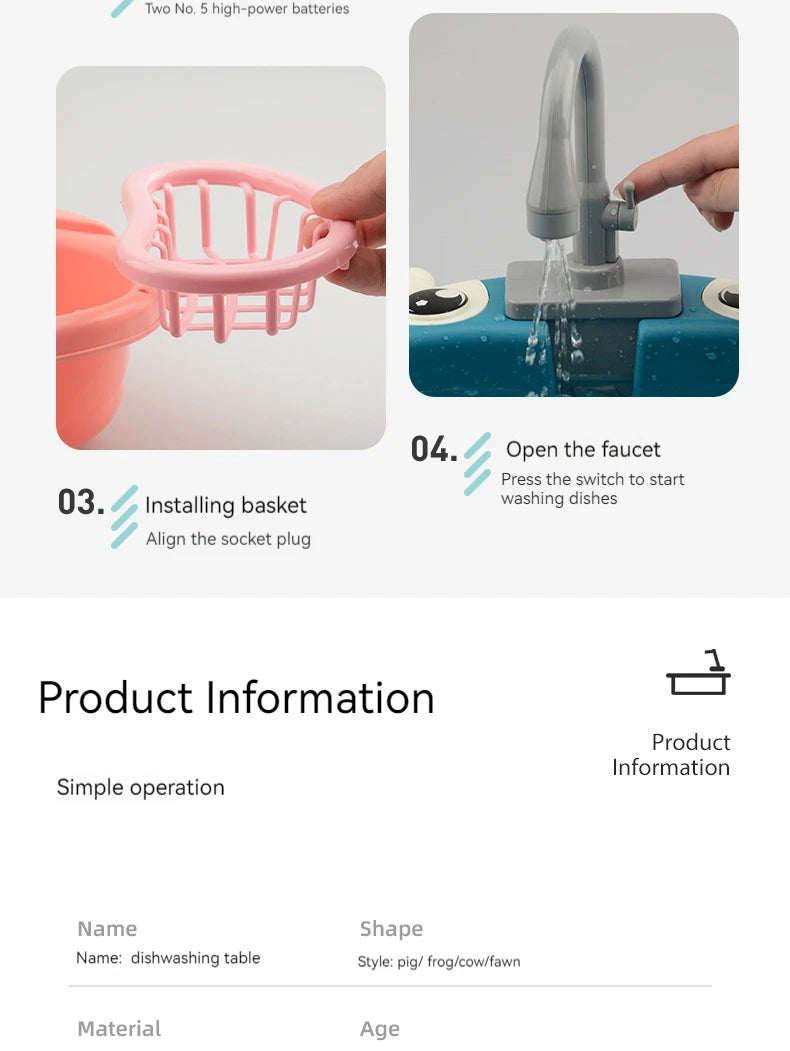 Kids Play Kitchen Set Simulated Dishwasher Sink Hand Basin with Electric Circulating Water Toys for Boys Girls Pretend Role Play