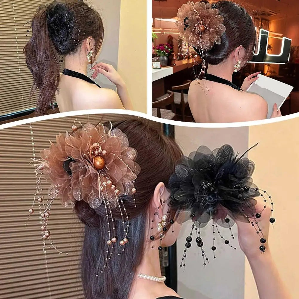 Women Fashion Hair Accessories Girls Flower Hair Claw Pleated Organza Pearls Black Feather Grip Shark Hair Clip Female Headwear