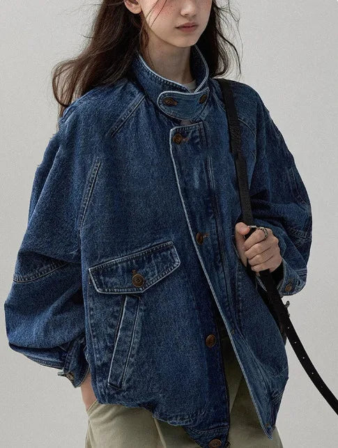Women Denim Jacket 2025 Autumn New American Retro Blue Denim Jacket For Women Unique Design Catching Work Wear Style