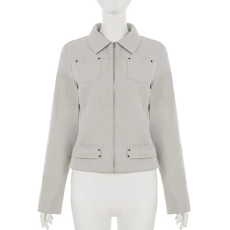 Women Jacket Pocketd Long Sleeve dCasual Zipper Coats Slim Fit Turn Down Collar Solid Outwear Elegant Lady Autumn