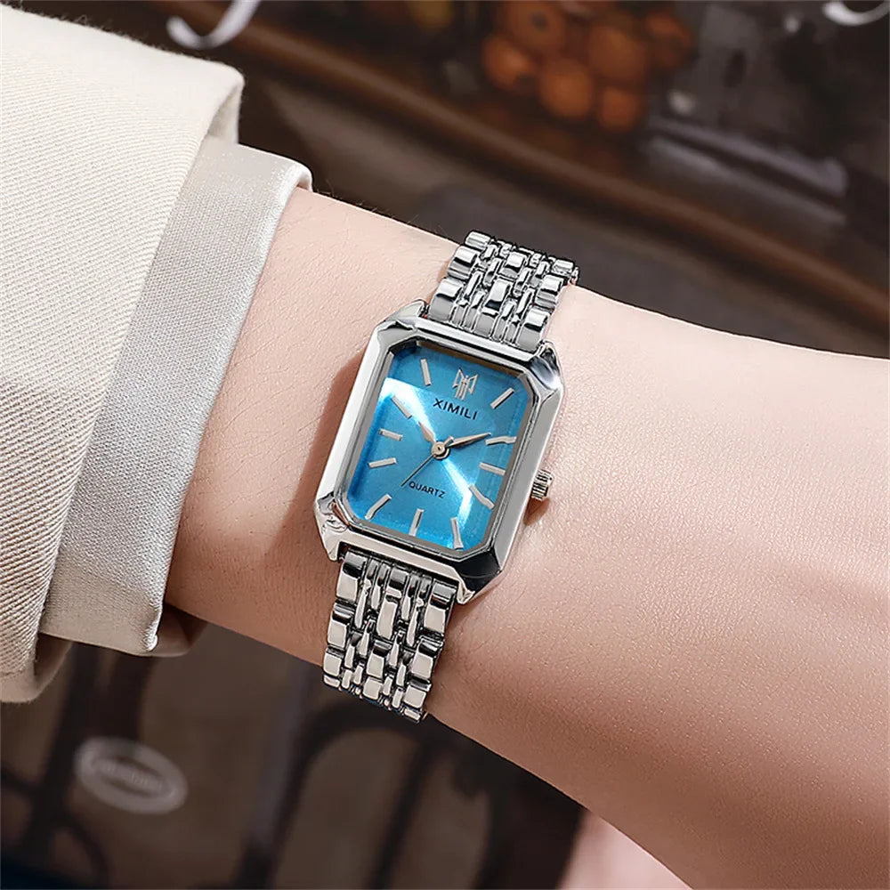 Women Watches Business Luxury Ladies Fashion Quartz Watch Simple Scale Square Quality Gold Plated Stainless Steel Folding Clock