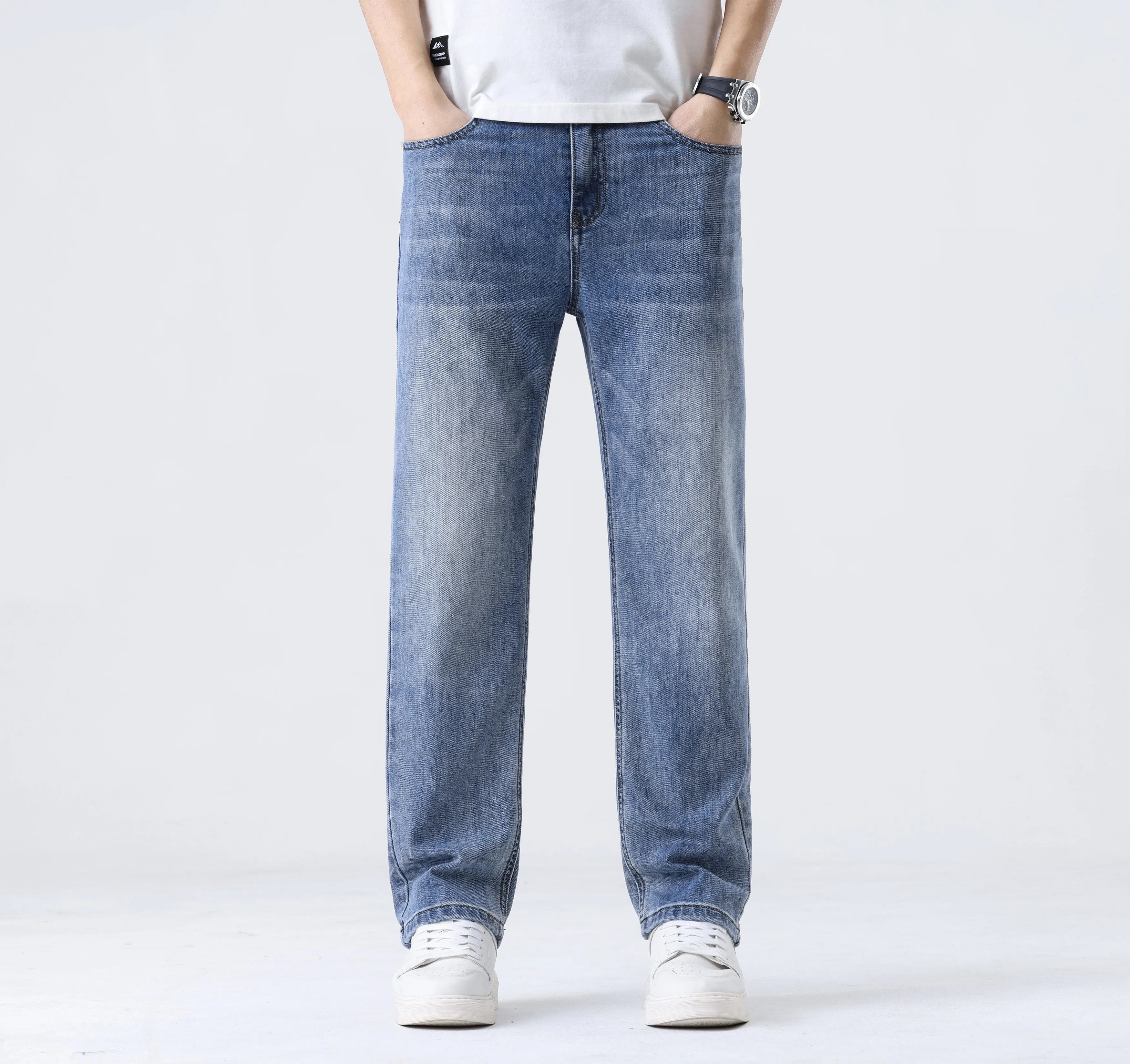 2025 New Loose Straight Leg Jeans for Men  Comfort Thin Stretch Cotton Blend Moisture-Wicking Casual Trousers for Daily Wear
