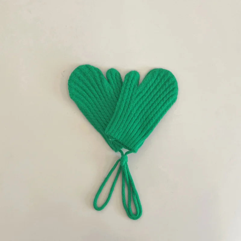 Winter Wool Children Mittens with Straps Knitted Finger Warmer Gloves for Girls Boys Solid Color Kids Accessories 4-10 Years Old