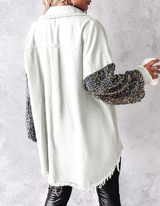 Women Jacket 2024 Spring Fashion Contrast Sequin Raw Hem Pocket Casual Turn-Down Collar Long Sleeve Daily Long Shacket