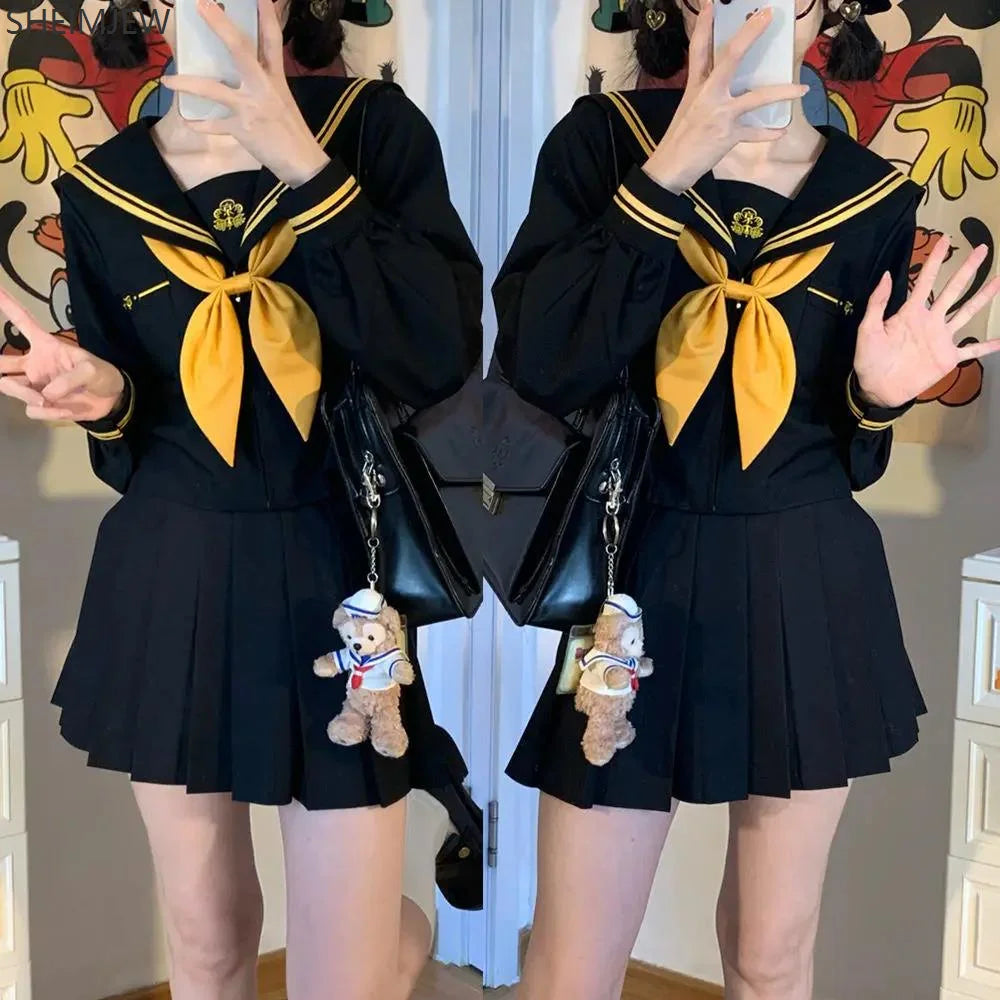 Japanese School Uniform Girls Plus Size Jk Suit Role Play High School Yellow Tie Black Basic Sailor Suit Female Long Sleeve Suit