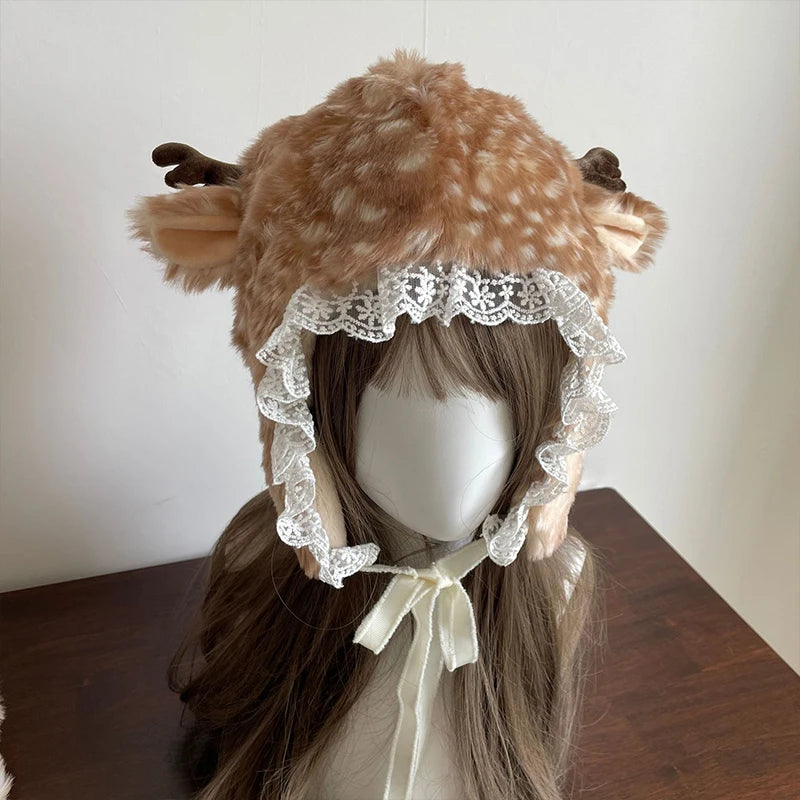 Winter Deer Hat Kawaii Lace Plush Reindeer Furry Boots Socks Cover Gothic Cap Leg Warmers Performance Costume Bomber Hats