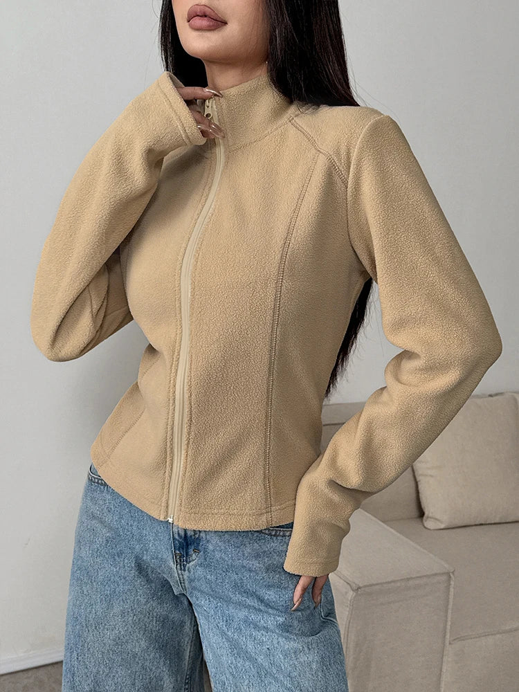 Women Fleece Jacket Top Autumn New Streetwear Fashion Long Sleeves Turn-Down Collar Zippers Coat Jacket Female's Sports Clothing