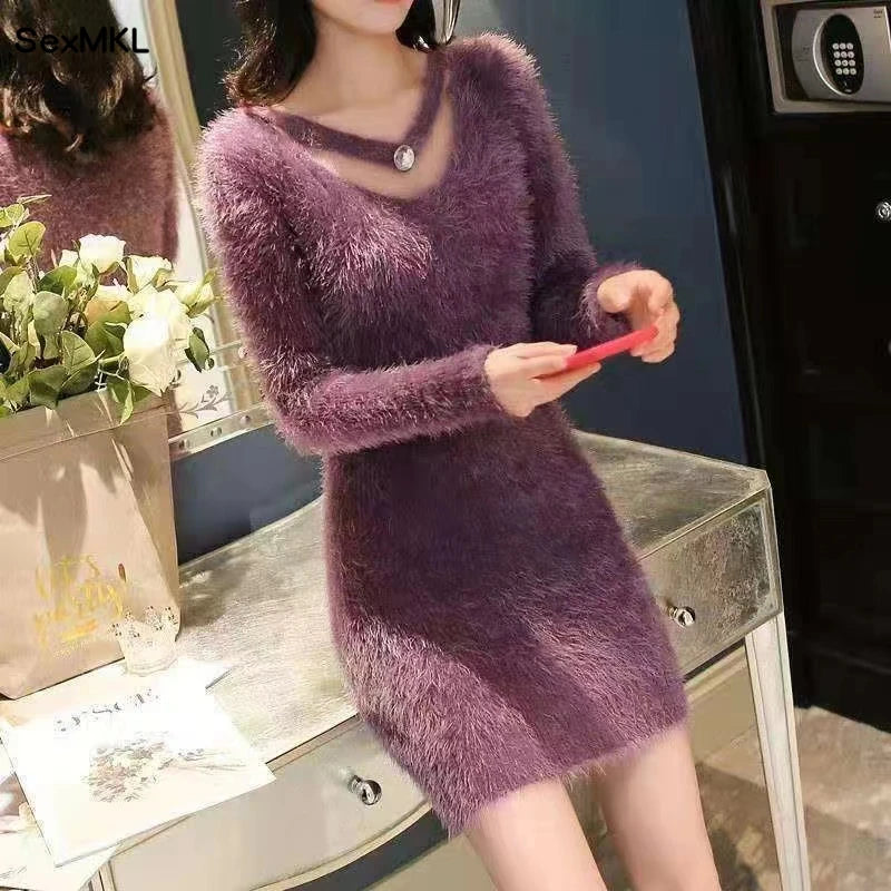 Women's Autumn Winter y2k Dresses Casual Korean Fashion Clothing Slim Mini Sweater Dress White Black Knitted Bodycon Vestidos