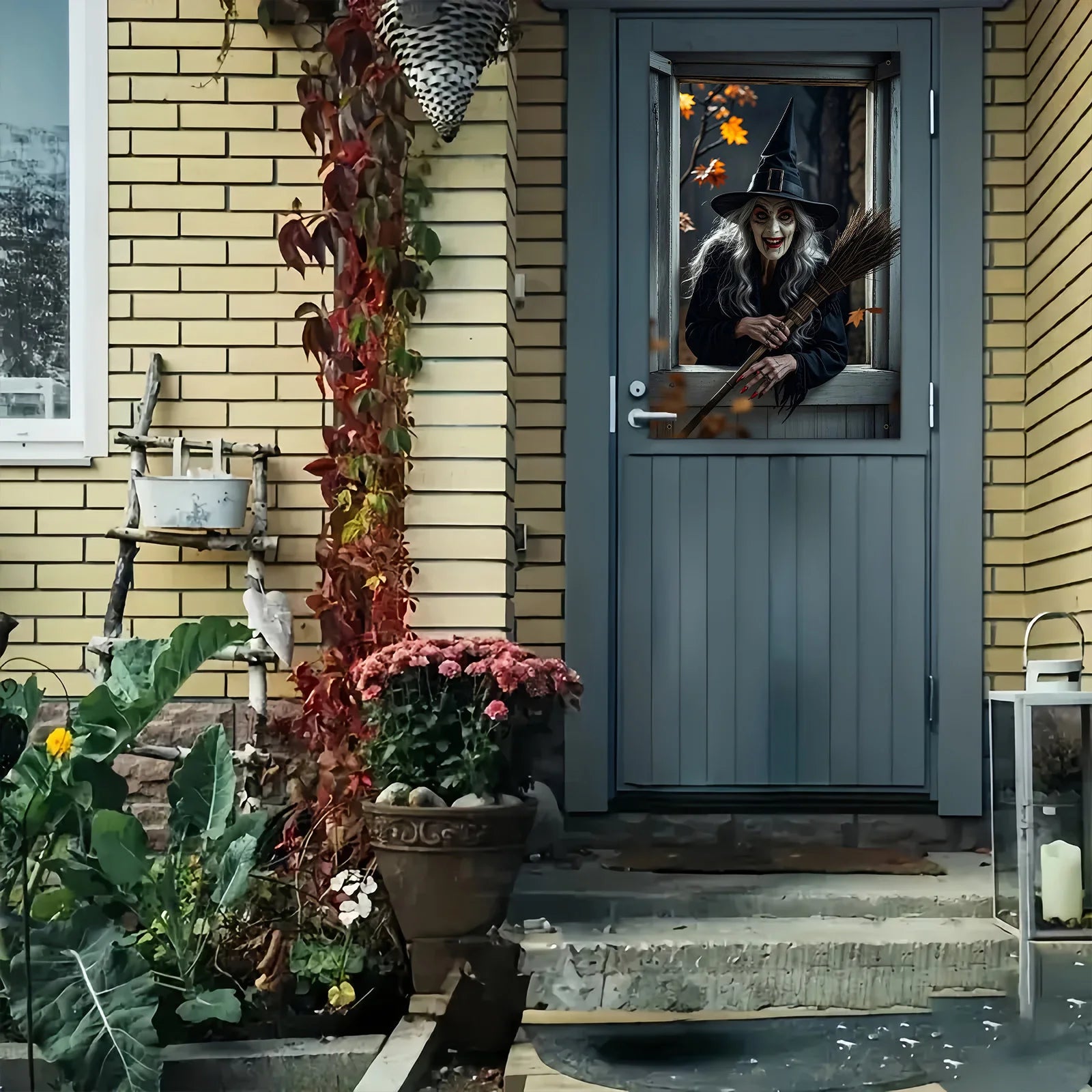 Halloween party, eerie witch window decoration with black cats and brooms, haunted house garden theme