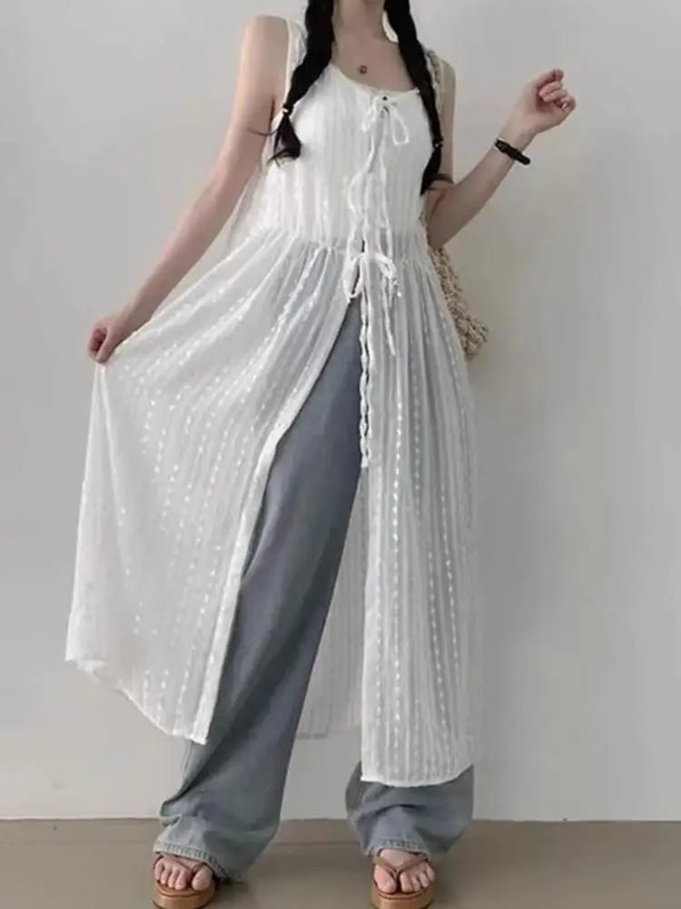 Embroidered Dress for Women in Summer Thin Lace up Layered Vest Long Cover Skirt