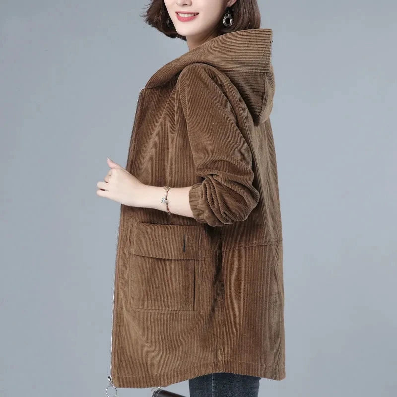 Corduroy Jacket For Women Autumn New Korean 5XL Casual Hooded Middle-aged Mother Windbreaker Coat  2189