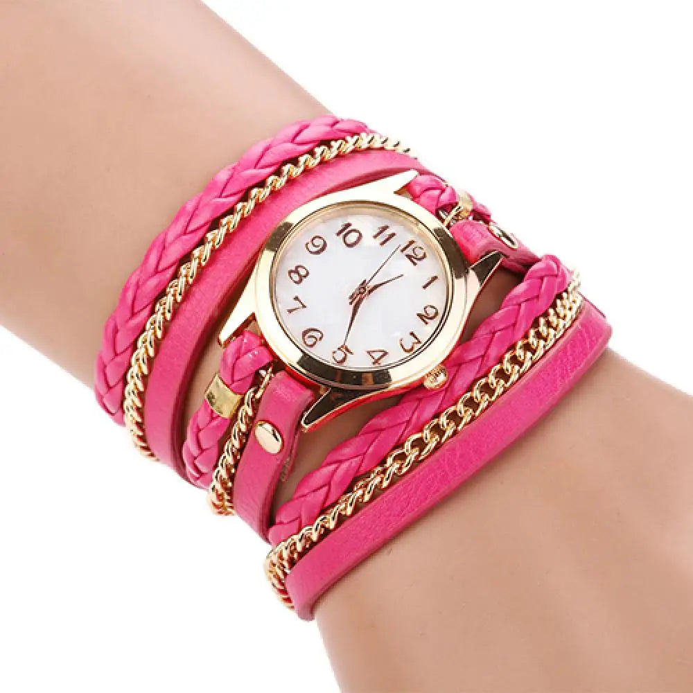 Quartz Wristwatch for Women Vintage Multilayer Faux Leather Alloy Braided Bracelet Wrist Watch Jewelry
