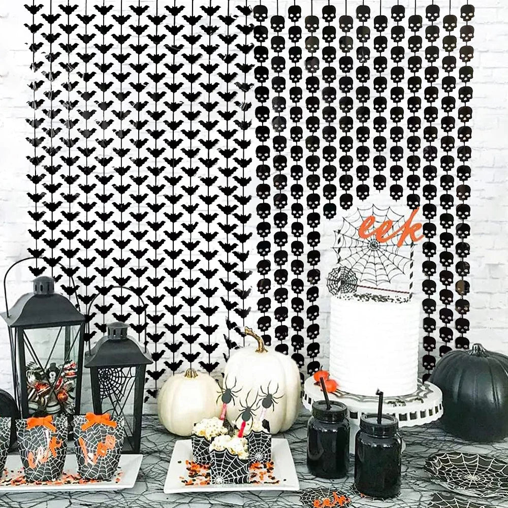 Halloween Decorations Pumpkin Skull Bat Black Orange Hanging Curtain Backdrop Haunted House Halloween Themed Party Supplies