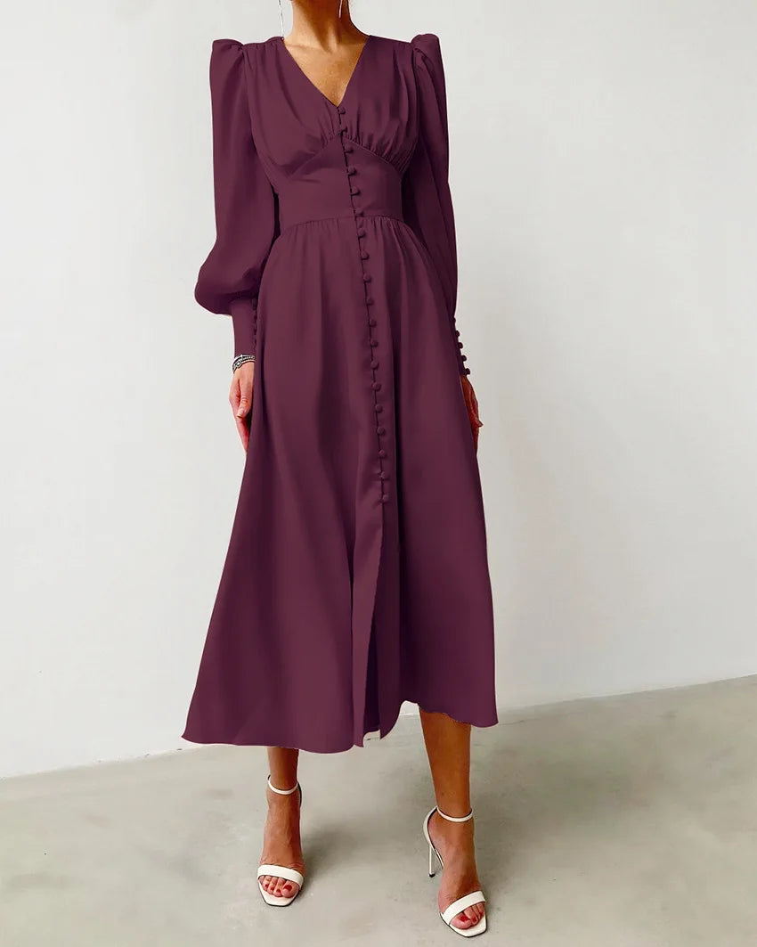 Autumn and Winter Women's Long Dress V-neck Satin Waist Retro Dresses for Women