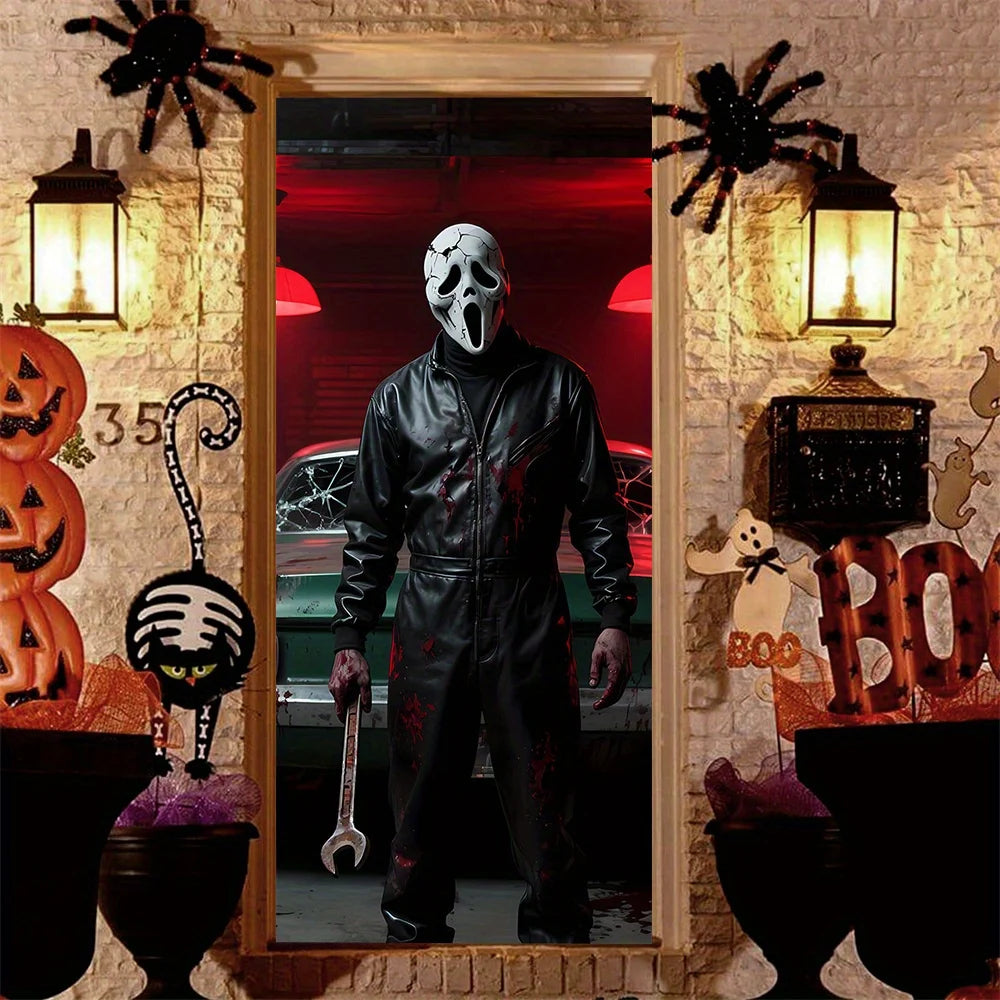 A Halloween horror decorative door frame with bloody grimace and wrench image, a must-have for horror decoration