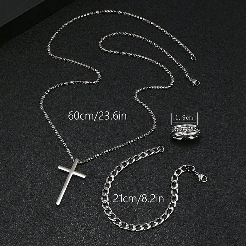 Men's Set Simple Personality Hip Hop Party Jewelry Accessories 3Pcs Punk Cross Pendant Necklace Bracelet Chain Ring