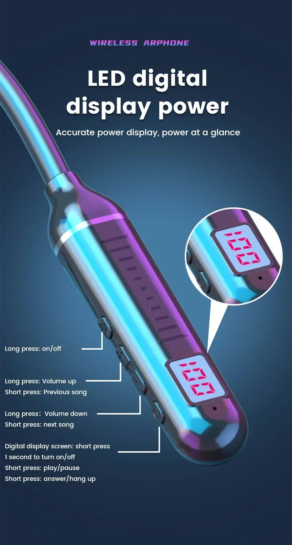 Wireless Bluetooth Earphones Neckband Headphones Gaming Stereo Sports Headset Halter Waterproof Magnetic Earbud with LED Display