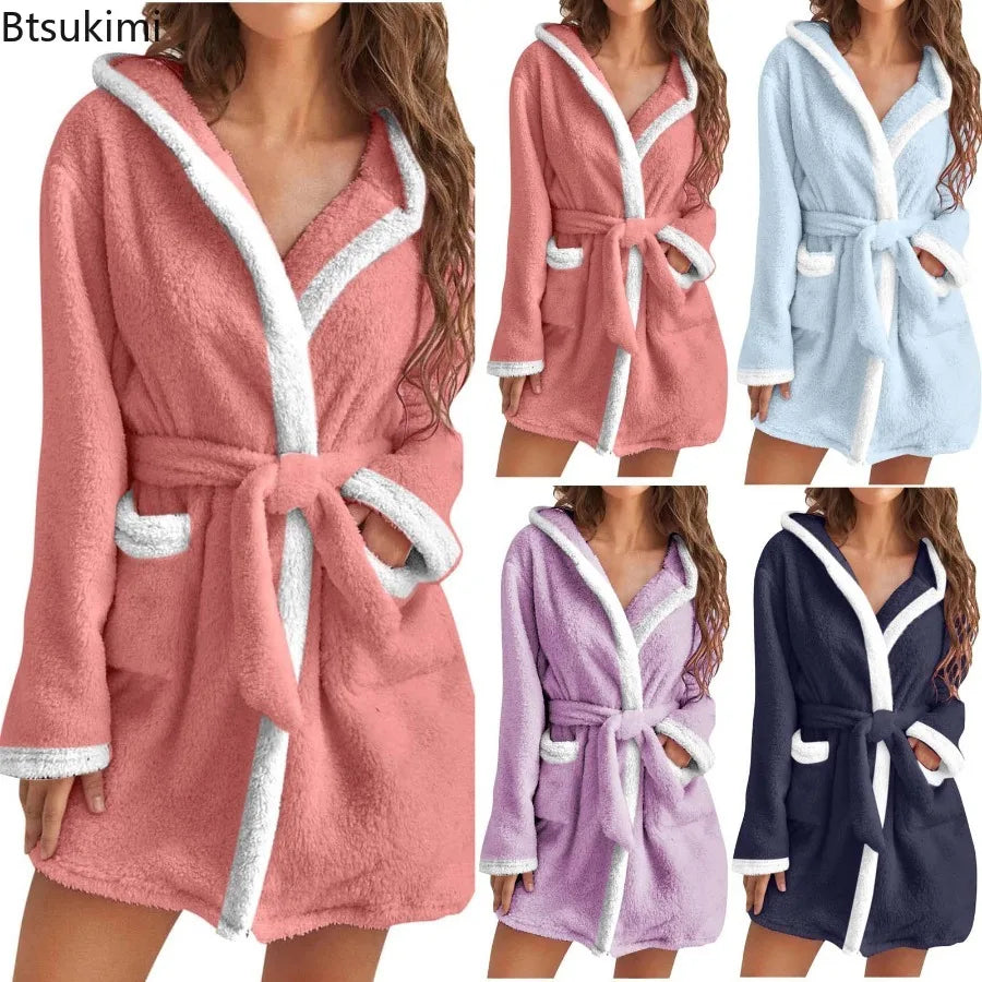 Women's Winter Casual Plush Robe Solid Color Matching Double Pocket Strappy Nightgown Fuzzy Bathrobe Coats Home Clothed Ladies