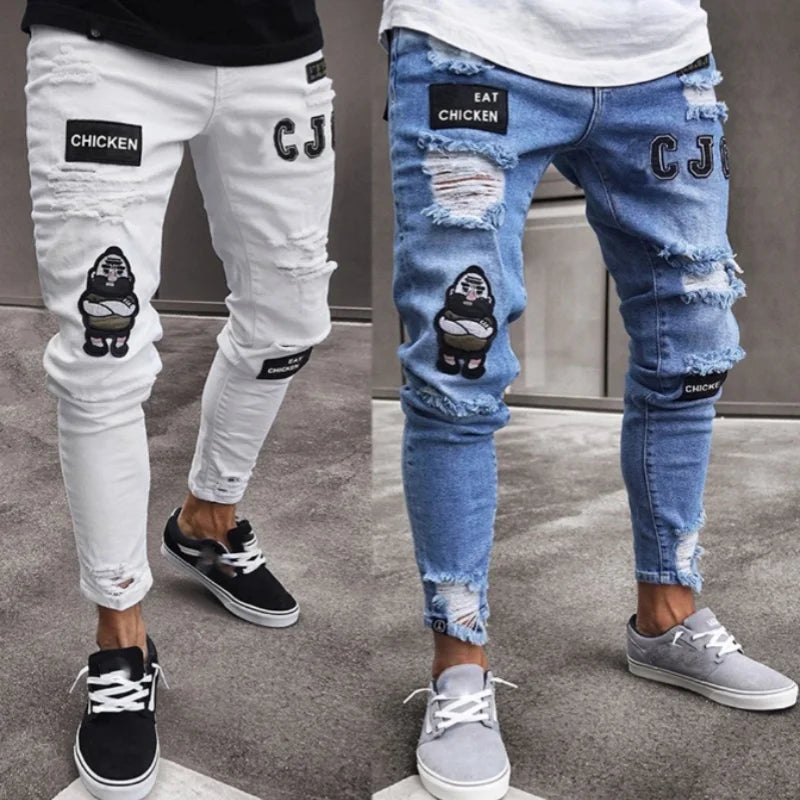 New embroidered fine grain jeans for men, cotton elastic hole slim fit hip-hop denim pants, casual jeans for men, jogging pants