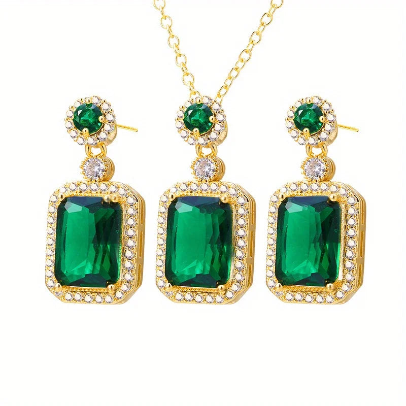 Jewelry Set for Women, 14K Gold Plated Halo Crystal Necklace/Earrings/Rings Wedding Hypoallergenic Jewelry