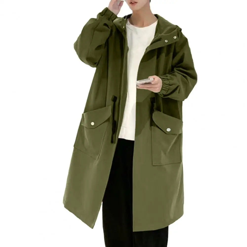 Long Trench Coat Jacket Men Autumn Spring Black Hip Hop Japanese Coats Streetwear Male Hooded Green Khaki Casual Jackets
