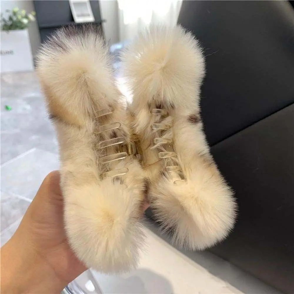 Autumn Winter Headwear Pure Color Rabbit Fur Female Hair Accessories Korean Style Hair Clip Leopard Grasp Clip Plush Hair Claw