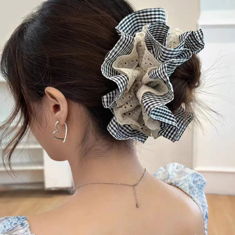 Women Large Lace Scrunchies Vintage Plaid Hair Bands Ponytail Holder Tie Hair Hoop Scrunchy Rubber Band Women Hair Accessories