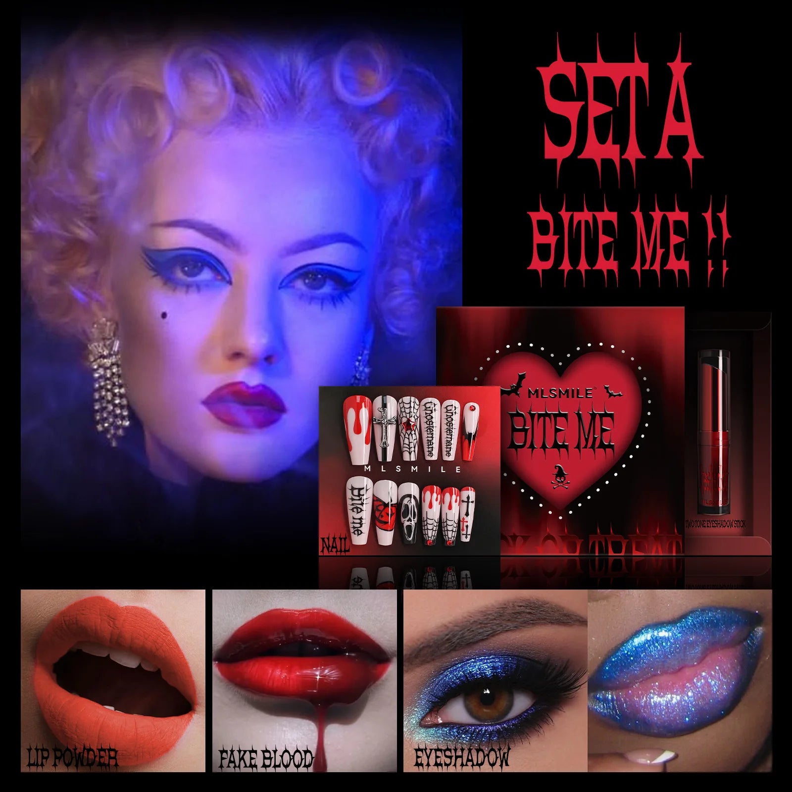 MLSMILE Halloween Makeup Set Eyeshadow Glitter Lip Glaze Fake Blood Wearing Armor 4pcs/set Festive Set Trick or Treat Cosmetics