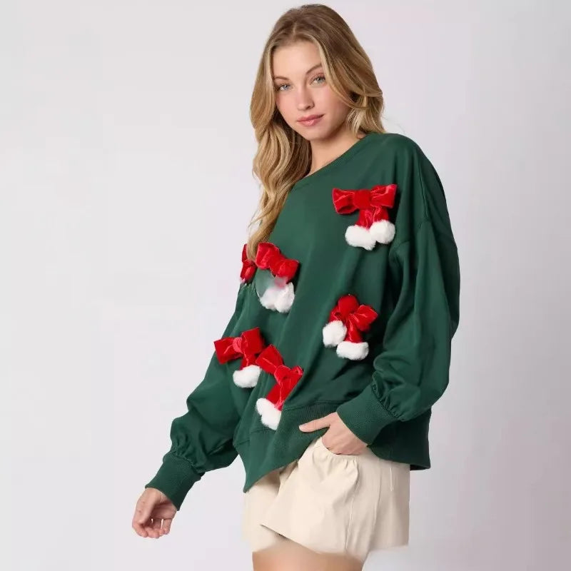 Winter Christmas Bow Decor Long Sleeve Casual Pullover Sweatshirt Women Fashion Tops Winter Clothes Women Sueter Mujer