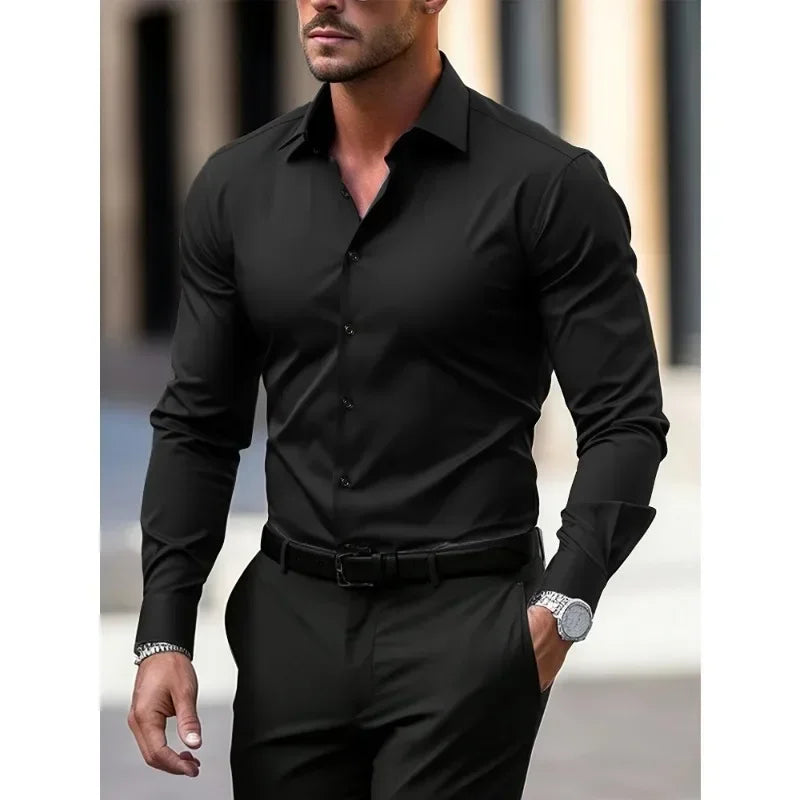 2025 Men's Shirt Brand New Solid Color Long Sleeve Smart Casual Four Season Elastic Male Business Shirts