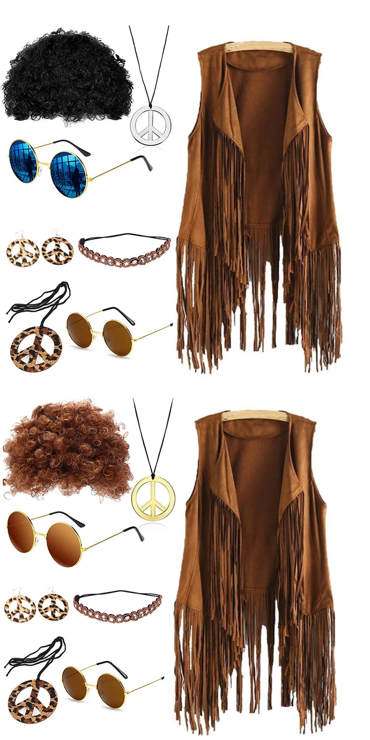 Women's Tassel Sleeveless Vest 60Ss 70s Female Hippie Disco Fringe Cardigan Peace Sign Accessories for Carnival Cosplay