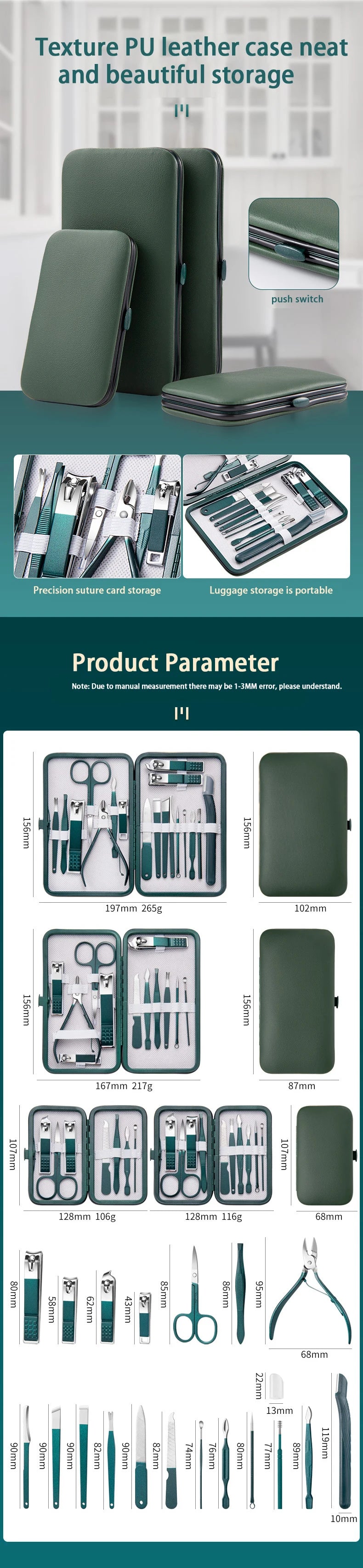 Ouriner 6-18Pcs Portable Manicure Sets Pedicure Kits Bright Black Nail Clipper Set Personal Care Tools Eyebrow Scissors