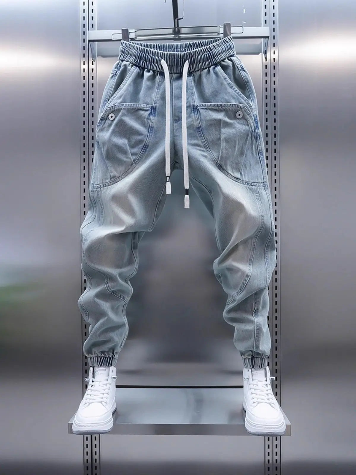 Waed Denim Jeans Men's Spring Autumn Large ket Harlan Casual Pants Blue Trendy Trousers Straight Leg Loose Fit Jeans