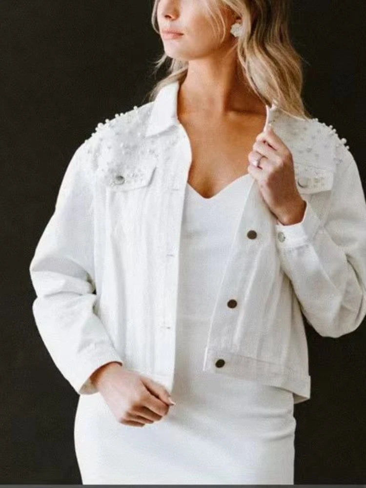 Cowboy Jacket Women's Denim Jacket Spring  Autumn New in Commuting Style Bead Fashion Casual Loose Regular Short Jacket