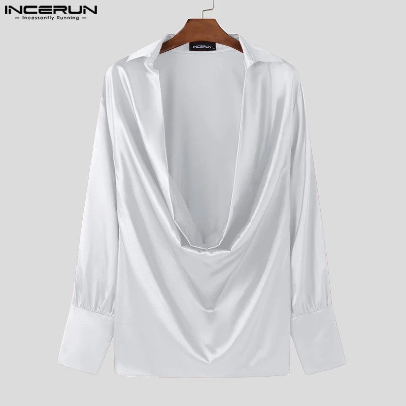 Men Shirts Casual Stylish Style Tops INCERUN Men's Shirts Sexy Male Solid Color V Neck Long Sleeve Fashion Men Clothing 2025