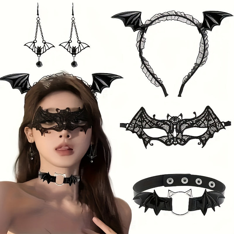 4-Piece Halloween Bat Costume Accessory Set with Headband and Mask, PU Leather Choker Necklace, Bat Earrings - Perfect for Cosplay, Masquerade, Carnival, Birthday, Bachelorette Party - Themed for Christmas, Halloween, Easter,