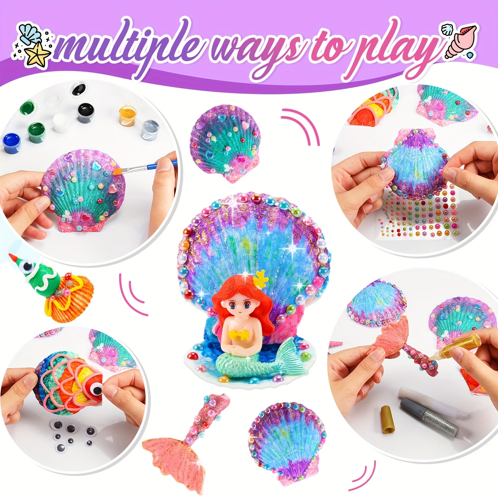 Easter Basket Stuffers 17pcs Seashells Art And Craft Kits for Kids, Age 3-10 Gifts Toys Girl Gifts Birthday Presents Air DIY Clay for Kids Mermaid Toys Kids Painting Set