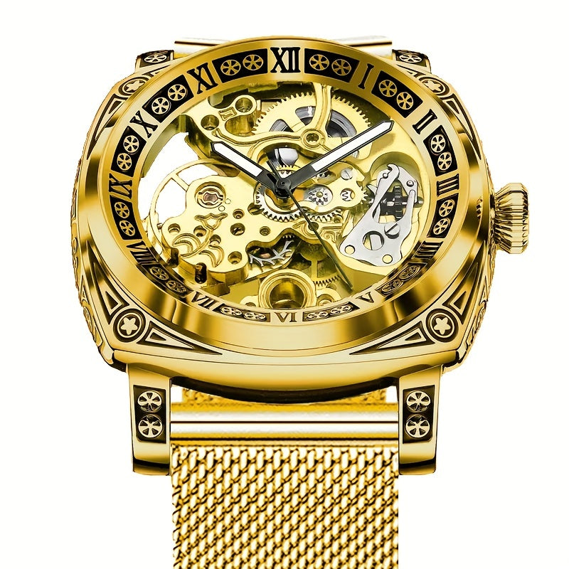 Elegant Mechanical Men's Watch: Self-Winding, Waterproof, with Stylish Hollow Design - Round Dial & Precision Timekeeping