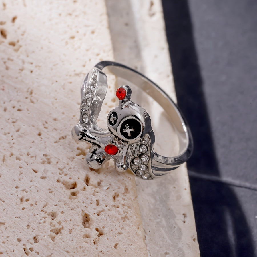 1pc Gothic Cartoon Red Heart Voodoo Doll Ring – Whimsical Devil Design with Glass & Alloy Accents, Edgy Halloween Jewelry Gift for Women, Costume Accessory | Whimsical Jewelry | Alloy Construction