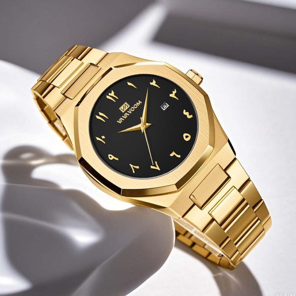 [Luxury Men's Watch] VA VA VOOM Luxury Men's Watch | Stainless Steel Black & Golden Chronograph with Arabic Numerals, Quartz Movement, Elegant Business Style | Perfect Gift for Dad, Husband, Boyfriend on Father's Day, Valenti