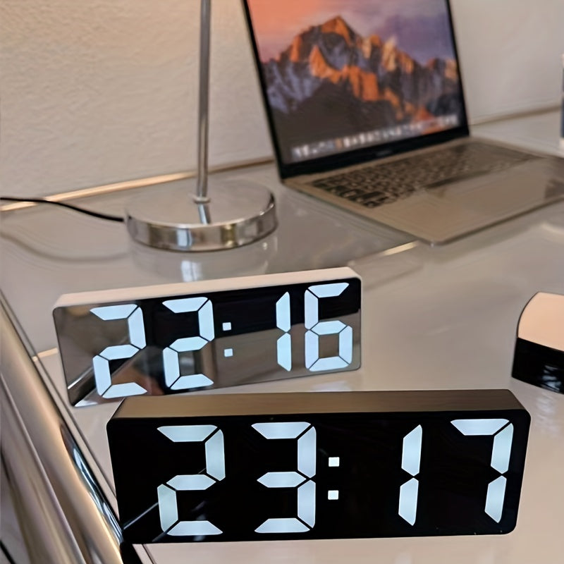 Modern LED Digital Clock with Adjustable Brightness, Date & Temperature Display - USB-Powered 12/24H Rectangular Bedroom Alarm Clock for Home Office Decor, Digital Display Clock | Contemporary Design | Durable Electronics, Al