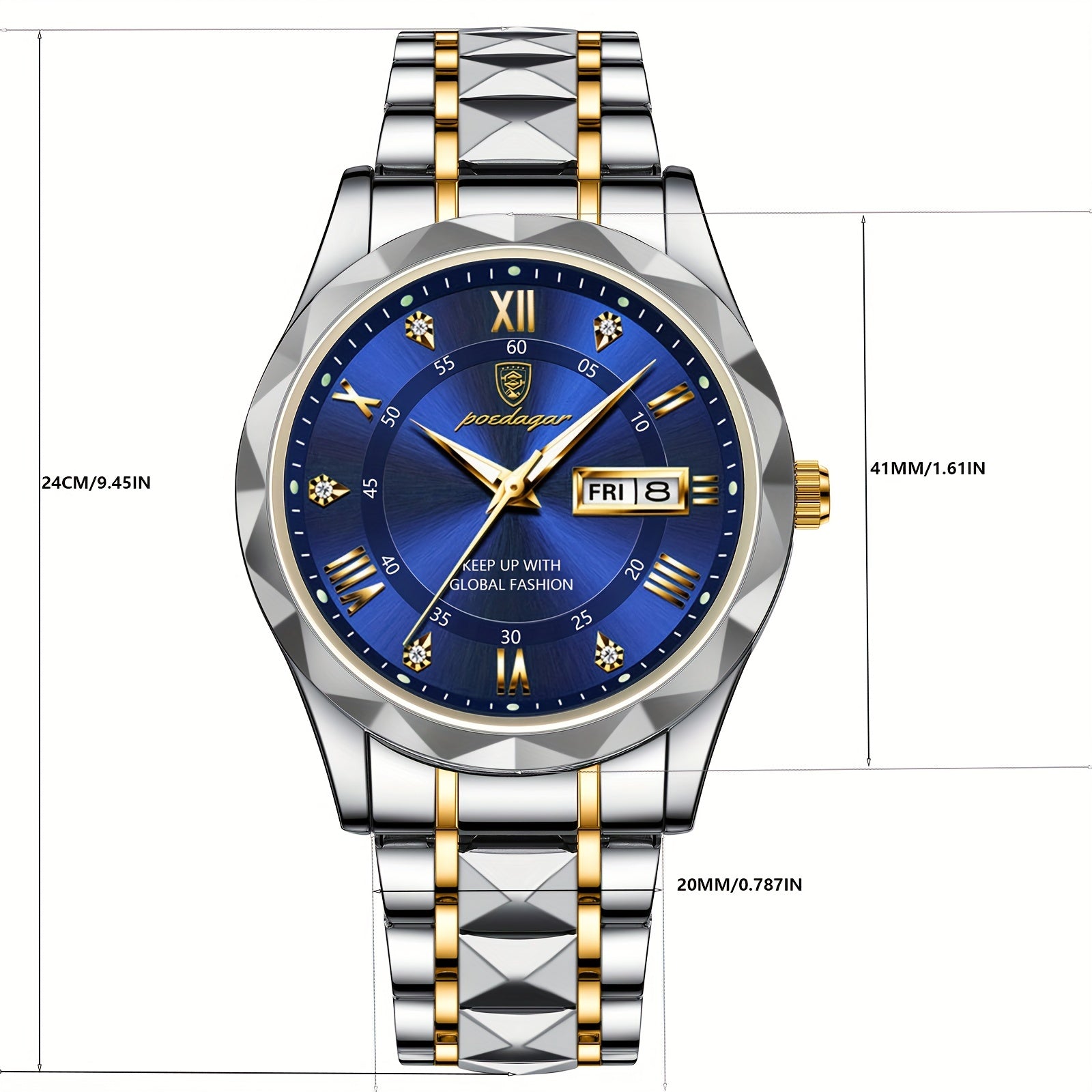 POEDAGAR Fashion Men's Watch Quartz Watches Waterproof Glow Calendar Luxury Stainless Steel Men's Watch, Ideal choice for Gifts